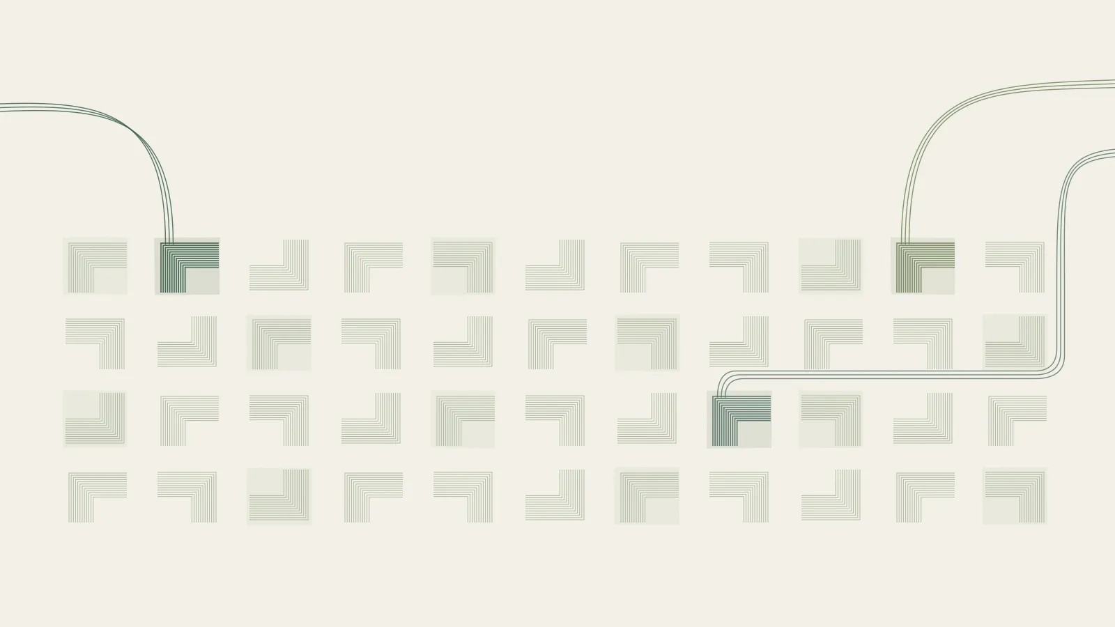 A grid of fine green right-angle patterns, with three flowing lines connecting to darker forms.