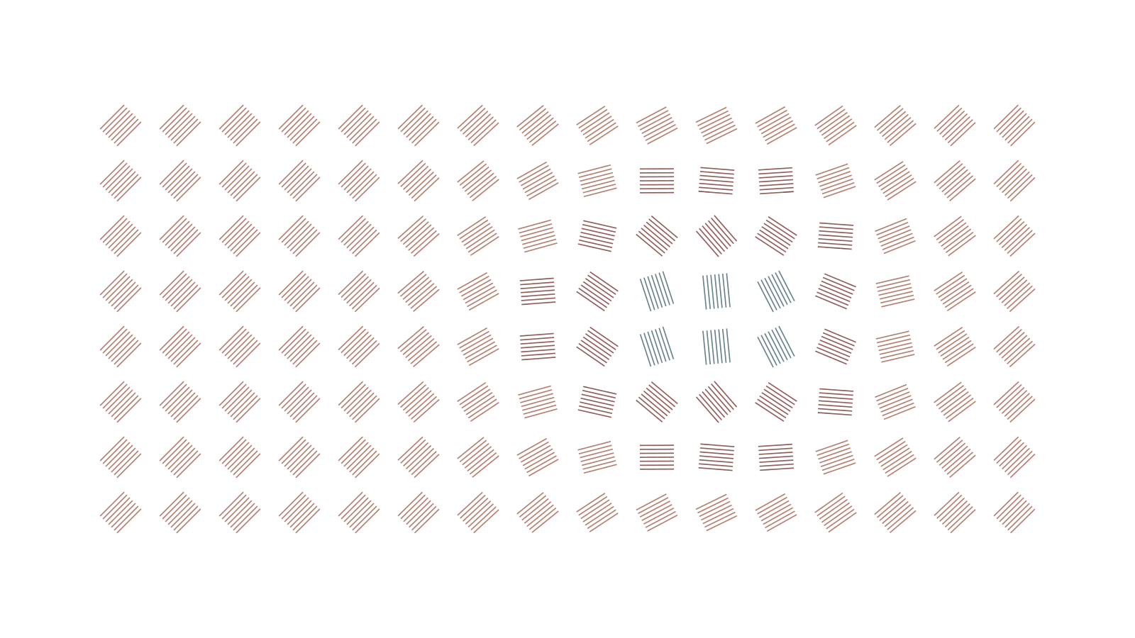 A field of fine rust-colored line patterns, with a small blue cluster turning away from the surrounding order.