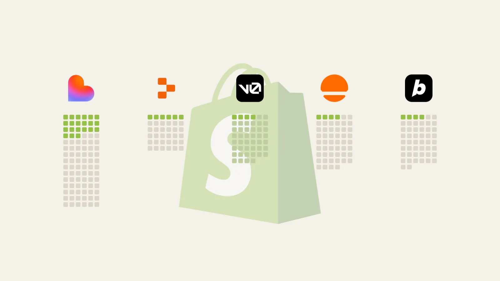 Logos for Lovable, Replit, v0, Base44 and Bolt above grids with one square per identified store, with Shopify-connected stores in green, in front of a large faded Shopify bag.